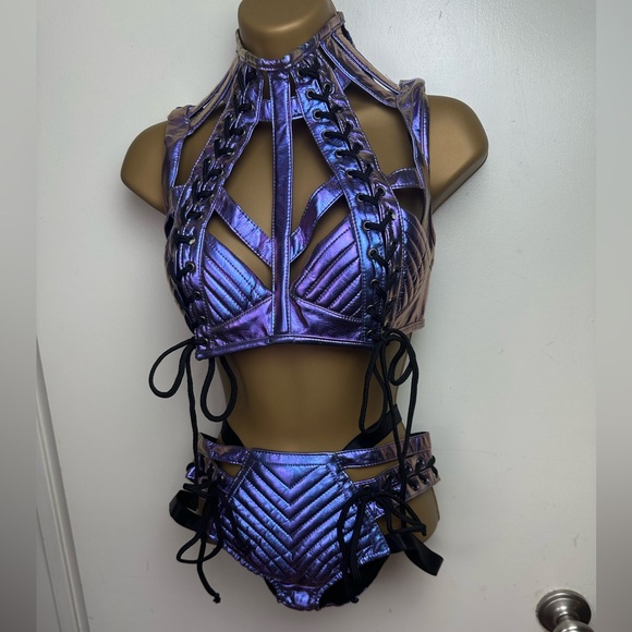 Club EXX Dolls K Metallic Blue/Purplish Rude Awakening Harness Top/Bottom S NWT - Picture 1 of 16